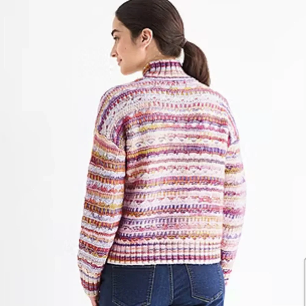 St John’s Bay Striped Mock Neck Womens Sweater in Multi Pink Sz Med